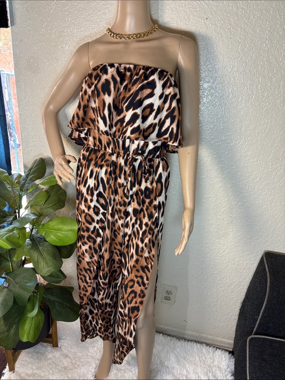 Leopard Print Strapless Jumpsuit - Brown Animal Print.. slit on each side